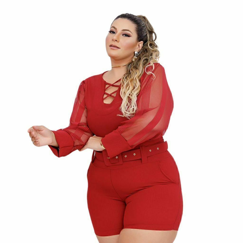 Macaquinho Plus Size Feminino Manga Longa de Tule 0415