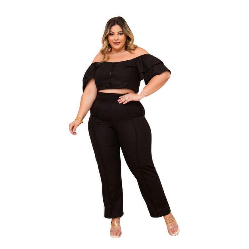 Conjunto Plus Size Feminino Cropped c Botão + Calça 0462