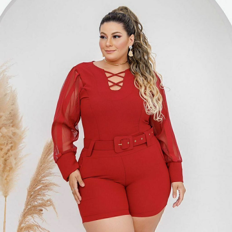 Macaquinho Plus Size Feminino Manga Longa de Tule 0415