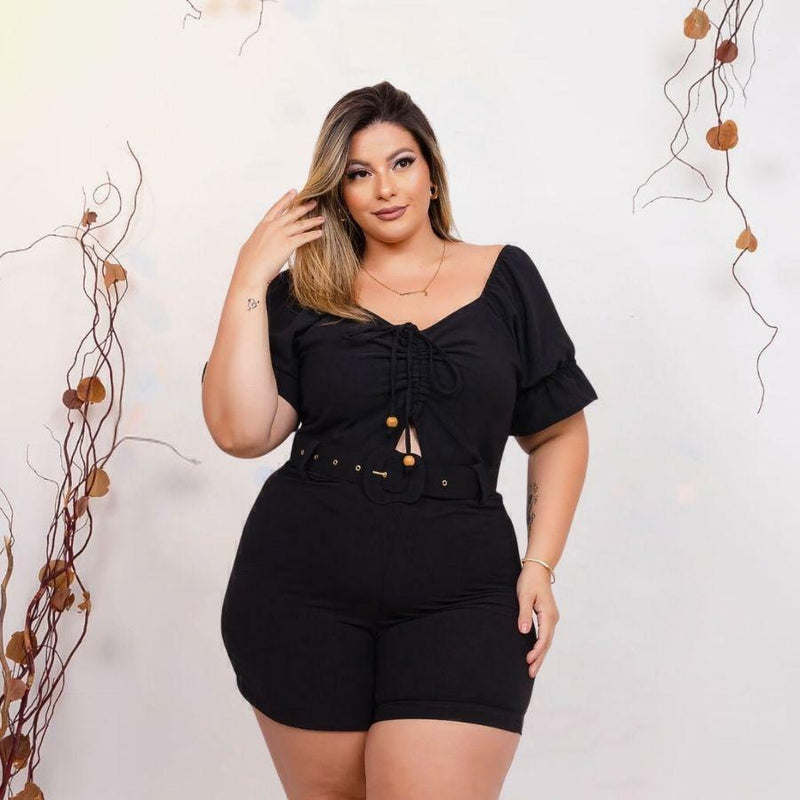 Macaquinho Plus Size Feminino Curto Amarrar Busto Com Cinto 0376