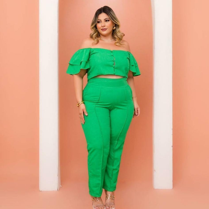 Conjunto Plus Size Feminino Cropped c Botão + Calça 0462