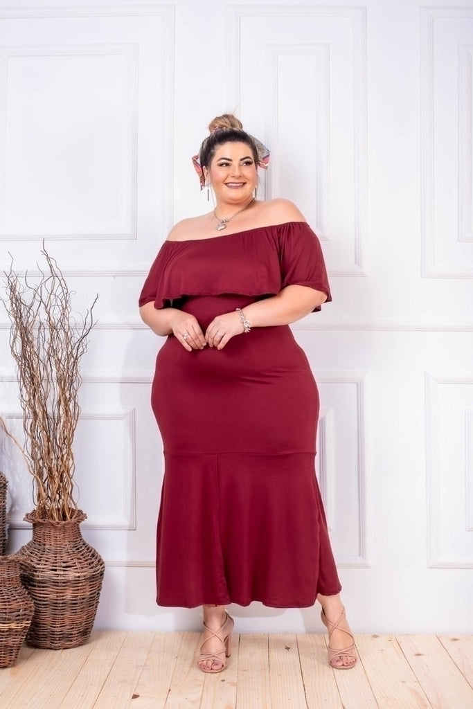 Vestido Feminino Plus Size Midi Ombro a Ombro Roupas 2025