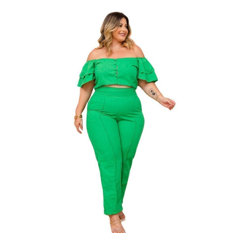 Conjunto Plus Size Feminino Cropped c Botão + Calça 0462