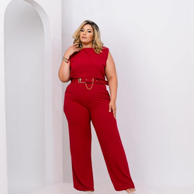 Macacão Plus Size Feminino Longo Pantalona c Cinto Corrente 0330