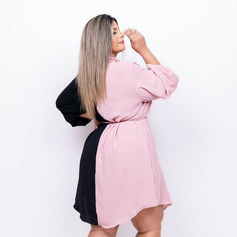 Vestido Chemise Feminino Plus Size Com Botões Bicolor 0234