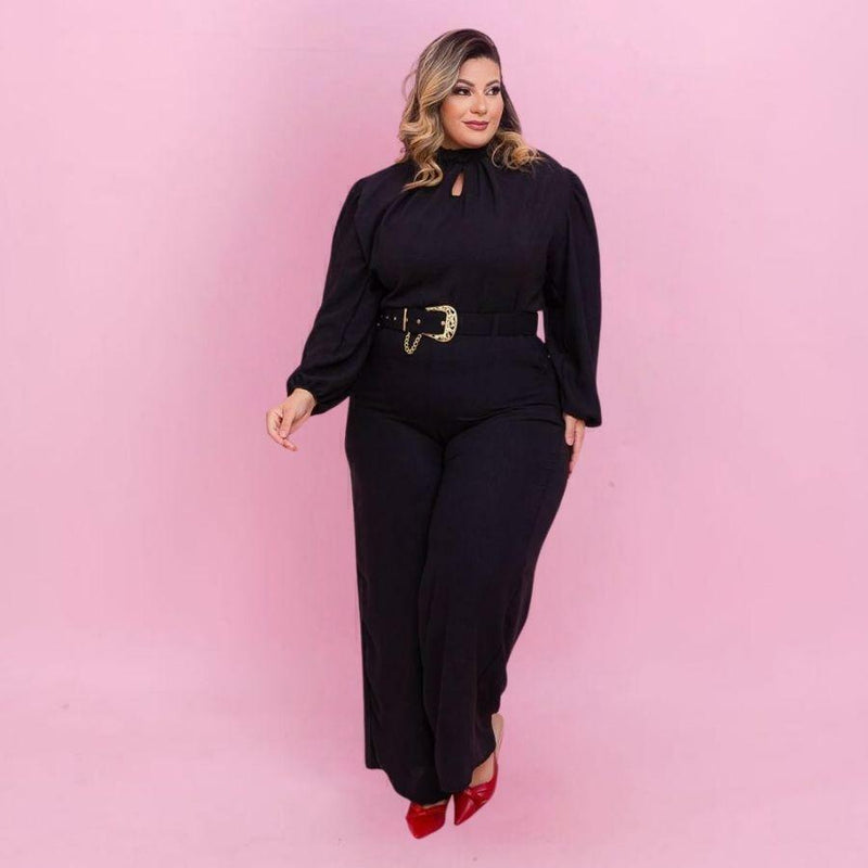 Conjunto Plus Size Blusa Manga + Calça Pantalona + Cinto 0475