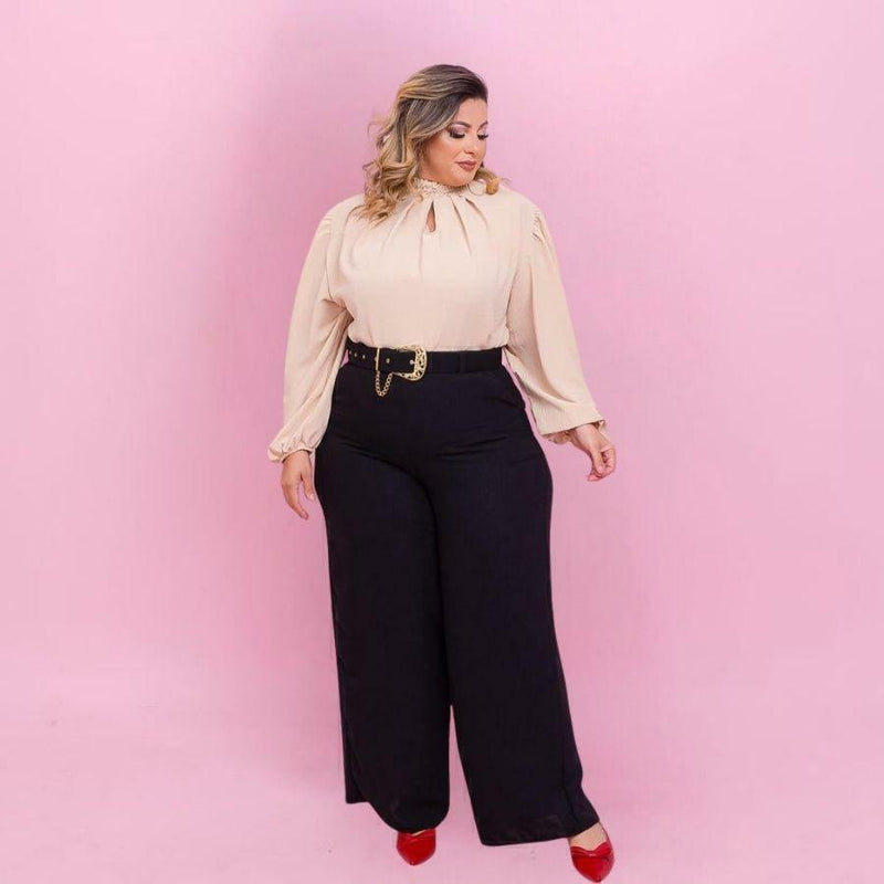 Conjunto Plus Size Blusa Manga + Calça Pantalona + Cinto 0475
