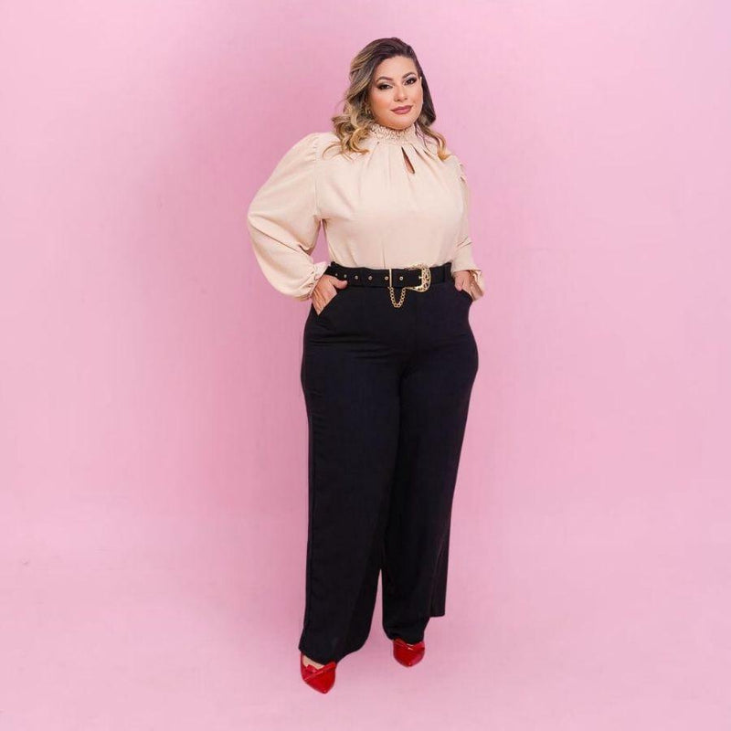 Conjunto Plus Size Blusa Manga + Calça Pantalona + Cinto 0475