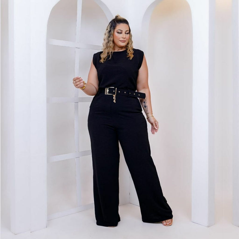Macacão Plus Size Feminino Longo Pantalona c Cinto Corrente 0330