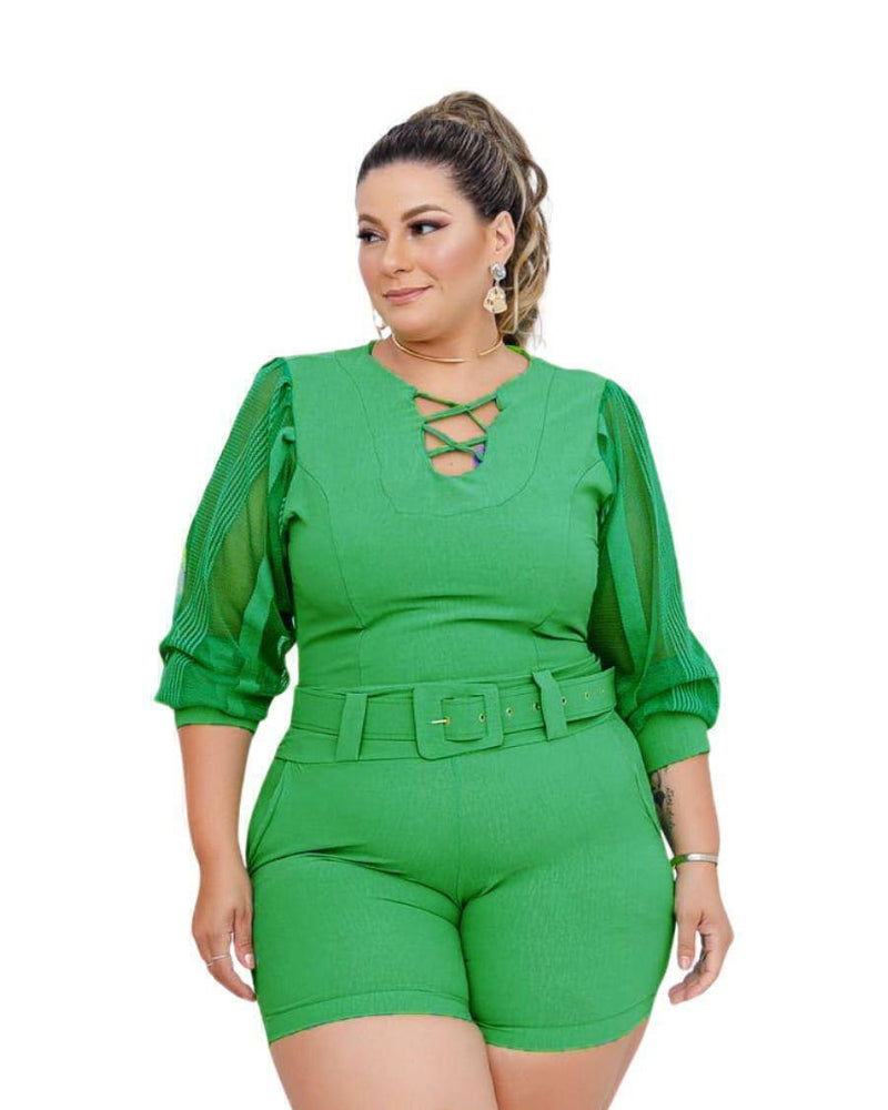 Macaquinho Plus Size Feminino Manga Longa de Tule 0415
