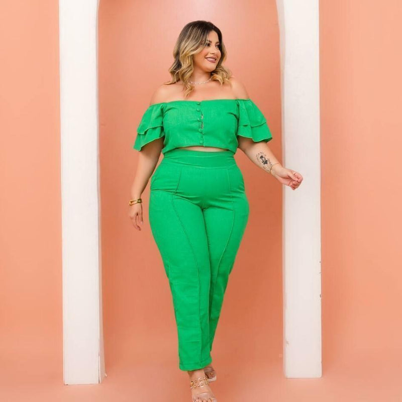 Conjunto Plus Size Feminino Cropped c Botão + Calça 0462