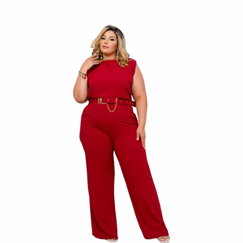 Macacão Plus Size Feminino Longo Pantalona c Cinto Corrente 0330