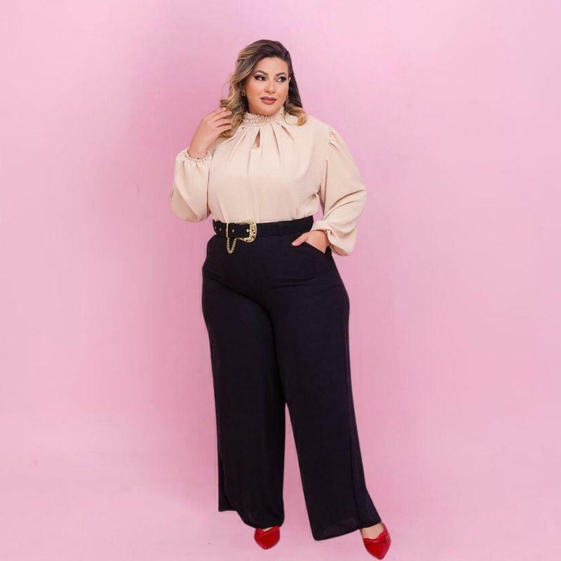 Conjunto Plus Size Blusa Manga + Calça Pantalona + Cinto 0475