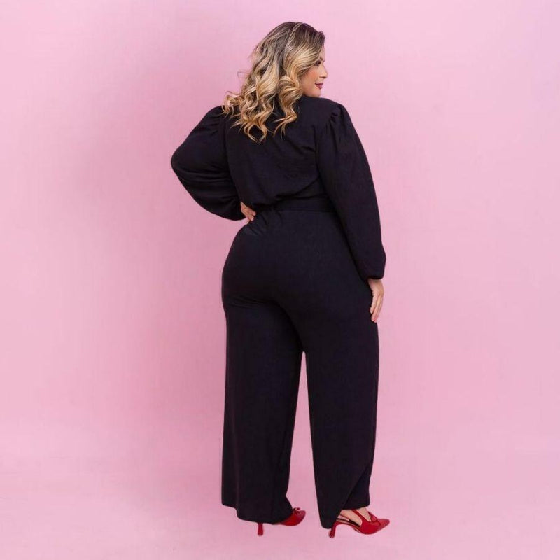 Conjunto Plus Size Blusa Manga + Calça Pantalona + Cinto 0475
