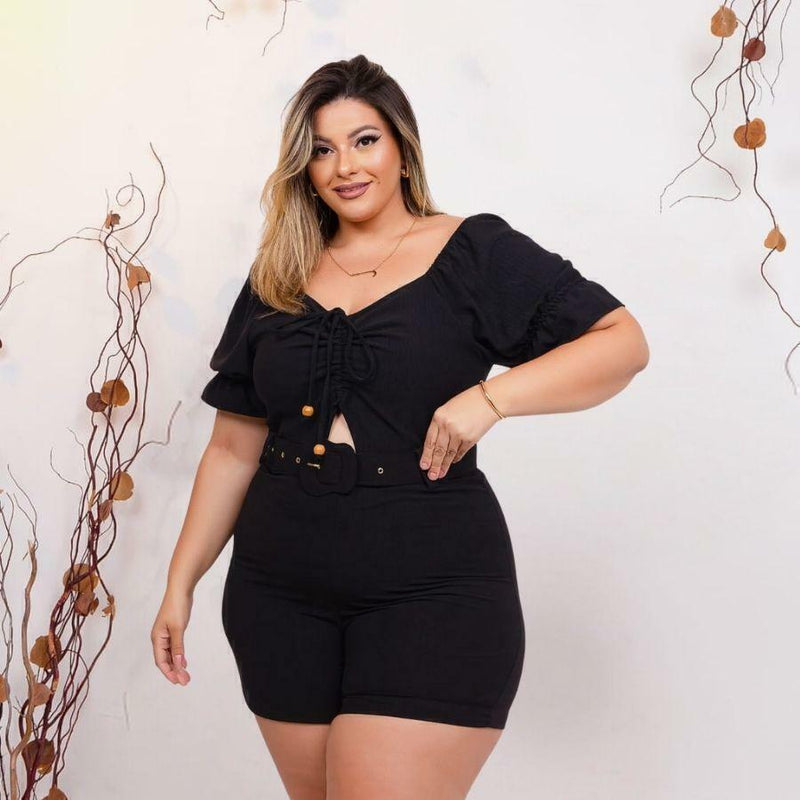 Macaquinho Plus Size Feminino Curto Amarrar Busto Com Cinto 0376
