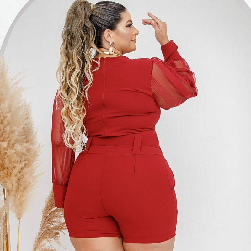 Macaquinho Plus Size Feminino Manga Longa de Tule 0415
