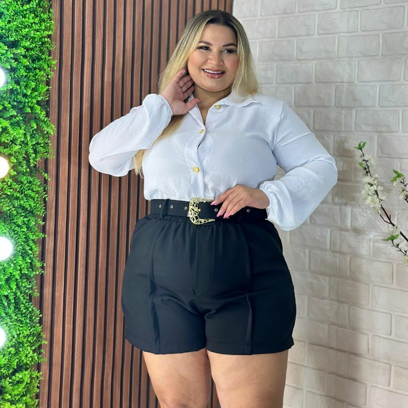 Conjunto Plus Size Feminino Blusa Social e Short com Cinto