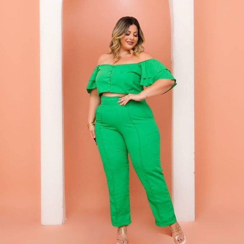 Conjunto Plus Size Feminino Cropped c Botão + Calça 0462