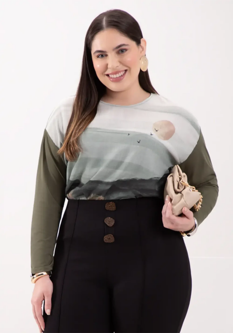 Blusa Feminina Plus Size Manga Longa Ref 69169 Verde “Graziele”