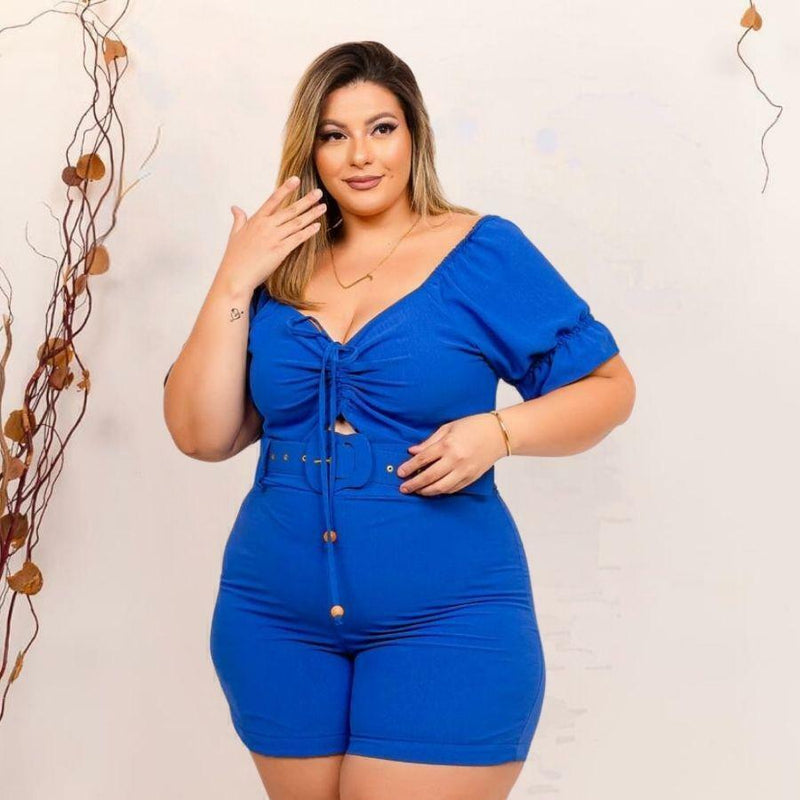 Macaquinho Plus Size Feminino Curto Amarrar Busto Com Cinto 0376