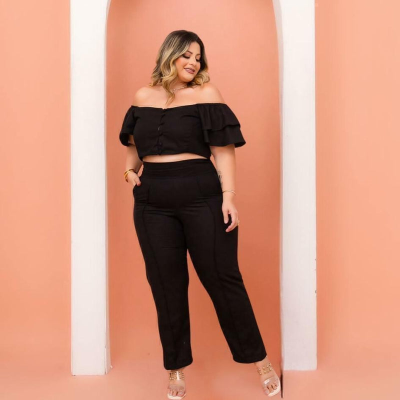 Conjunto Plus Size Feminino Cropped c Botão + Calça 0462