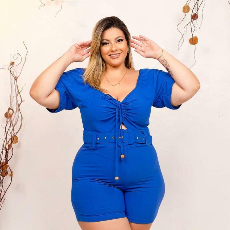 Macaquinho Plus Size Feminino Curto Amarrar Busto Com Cinto 0376