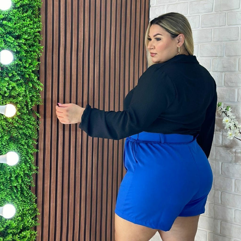 Conjunto Plus Size Feminino Blusa Social e Short com Cinto
