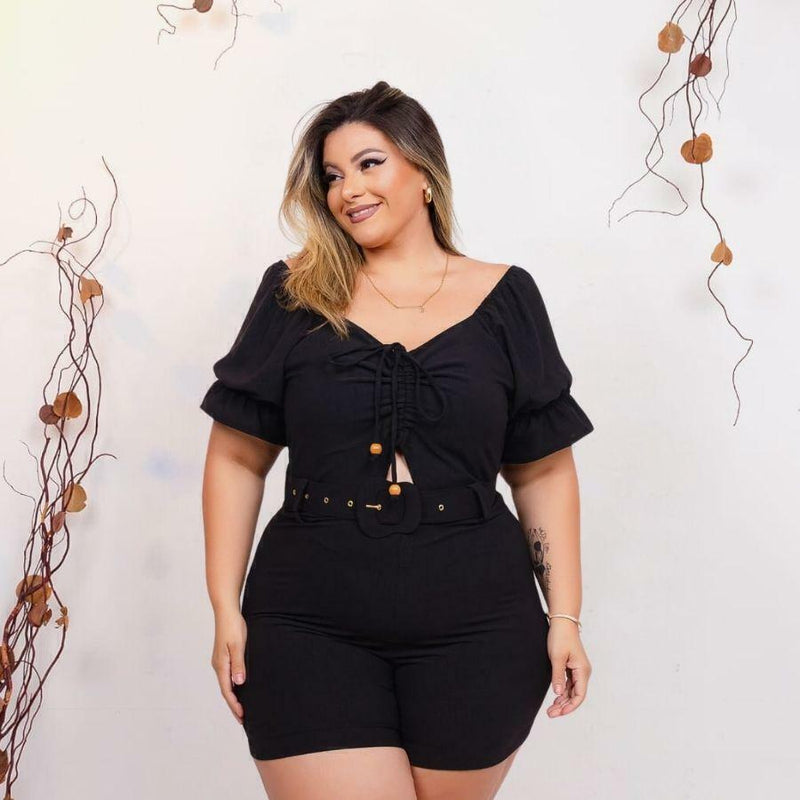 Macaquinho Plus Size Feminino Curto Amarrar Busto Com Cinto 0376