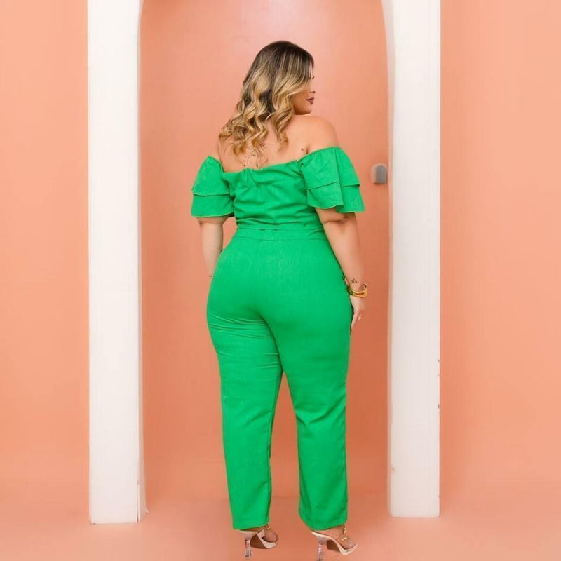 Conjunto Plus Size Feminino Cropped c Botão + Calça 0462