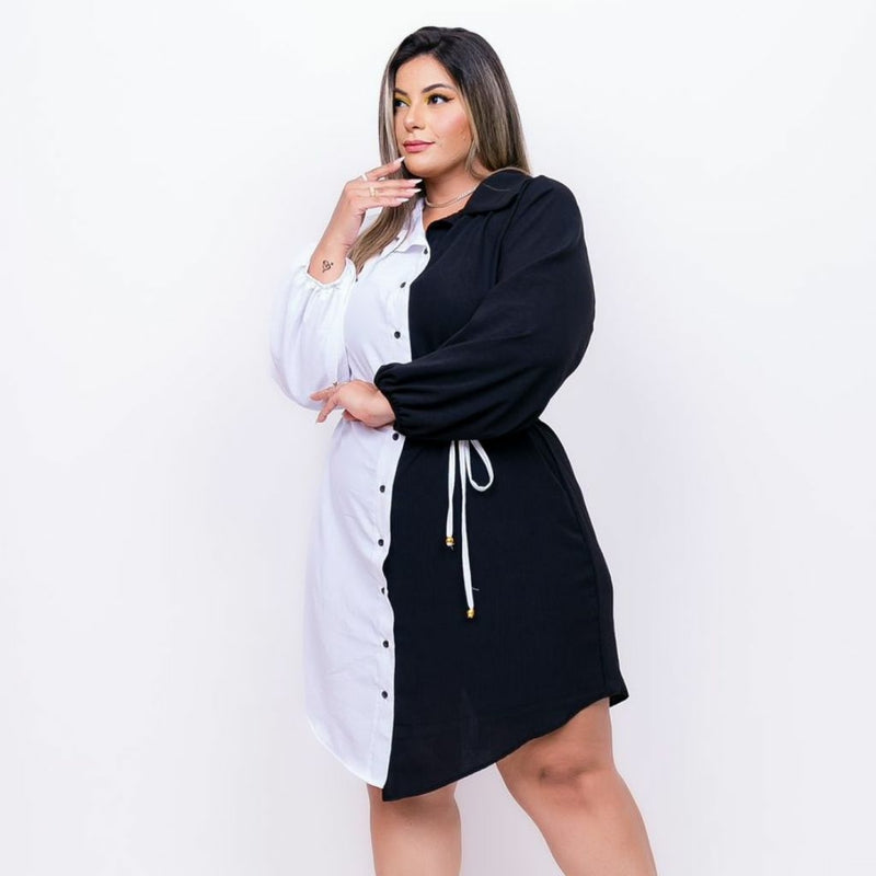 Vestido Chemise Feminino Plus Size Com Botões Bicolor 0234