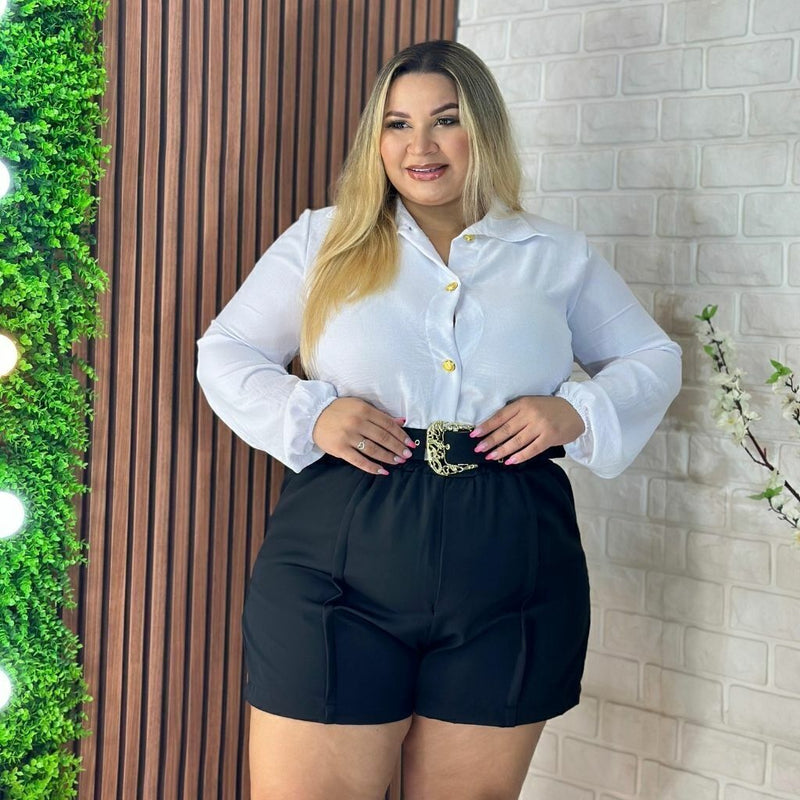 Conjunto Plus Size Feminino Blusa Social e Short com Cinto