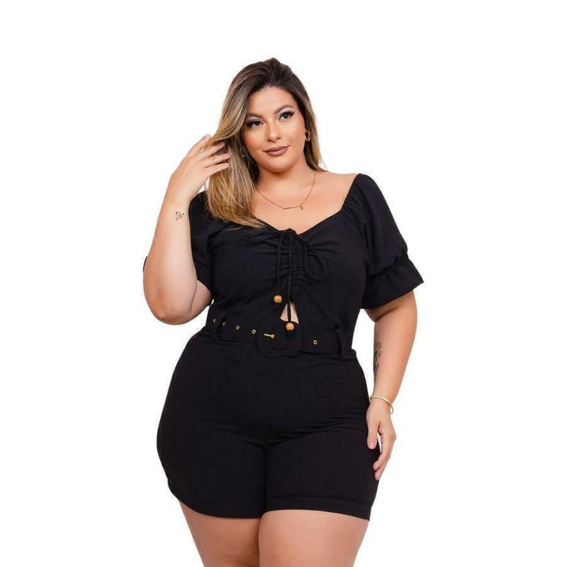 Macaquinho Plus Size Feminino Curto Amarrar Busto Com Cinto 0376