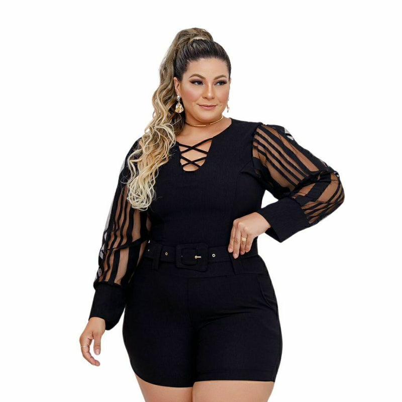 Macaquinho Plus Size Feminino Manga Longa de Tule 0415