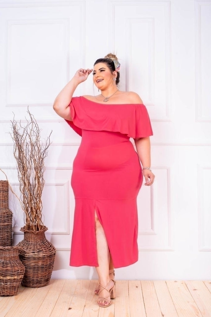Vestido Feminino Plus Size Midi Ombro a Ombro Roupas 2025