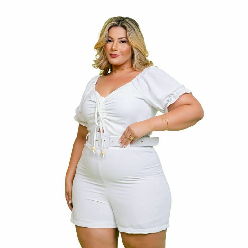 Macaquinho Plus Size Feminino Curto Amarrar Busto Com Cinto 0376