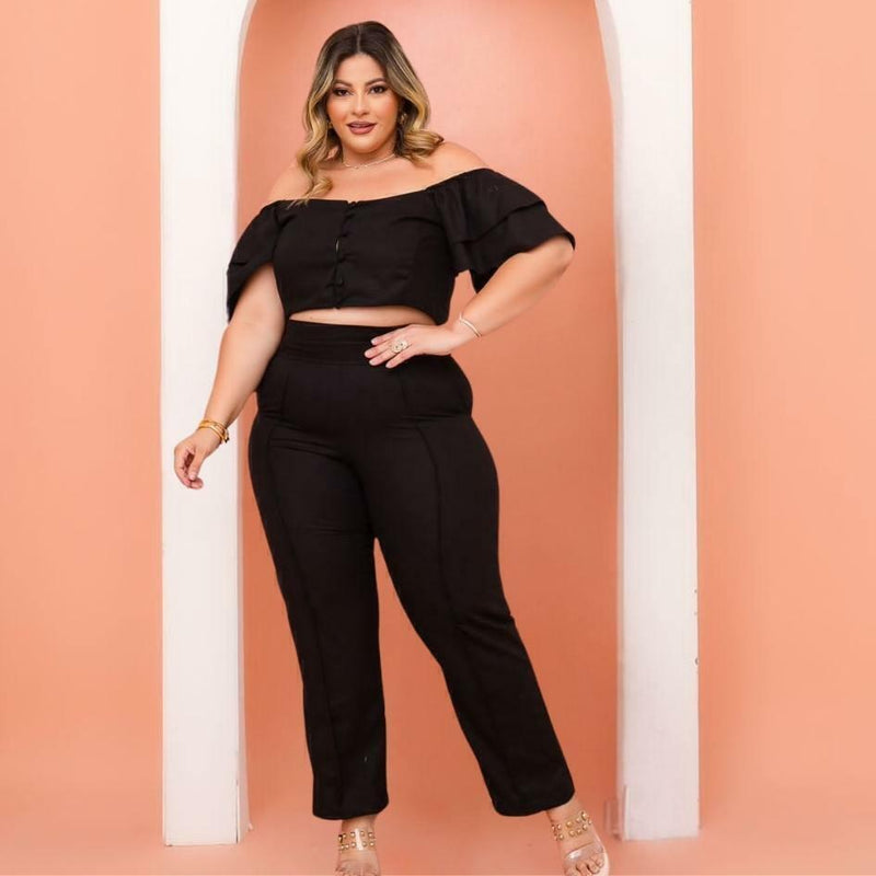 Conjunto Plus Size Feminino Cropped c Botão + Calça 0462