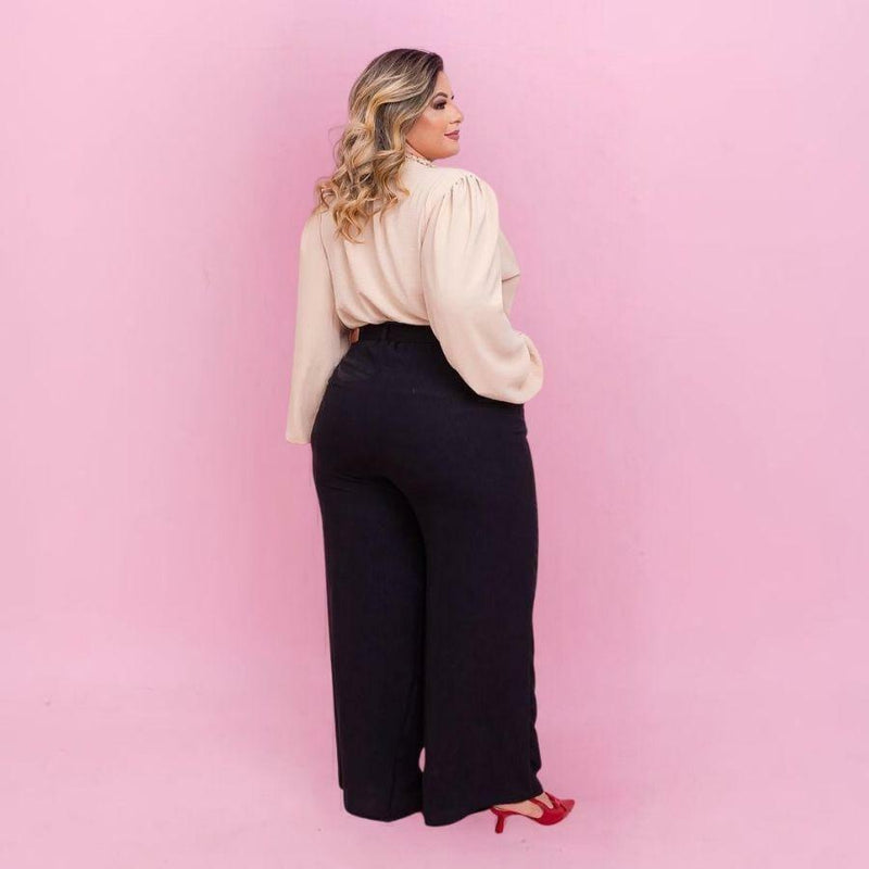 Conjunto Plus Size Blusa Manga + Calça Pantalona + Cinto 0475