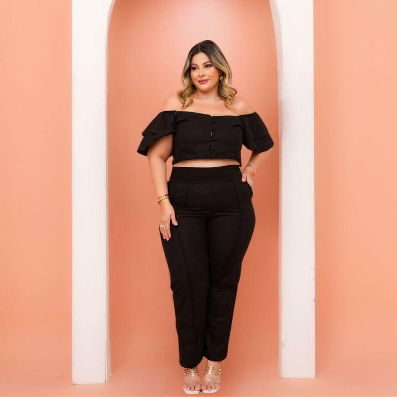 Conjunto Plus Size Feminino Cropped c Botão + Calça 0462
