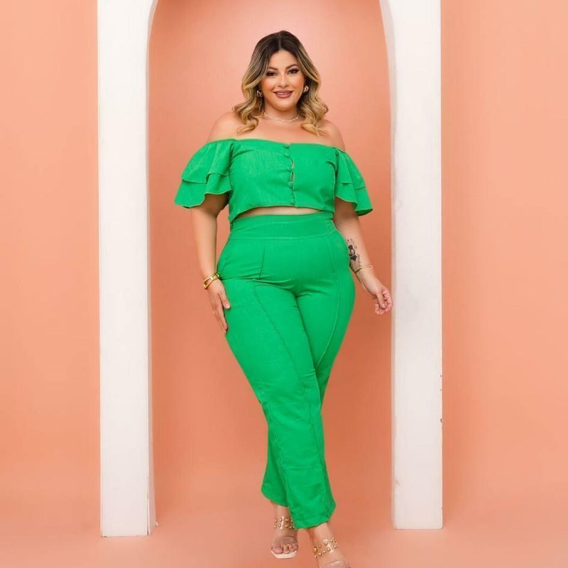 Conjunto Plus Size Feminino Cropped c Botão + Calça 0462