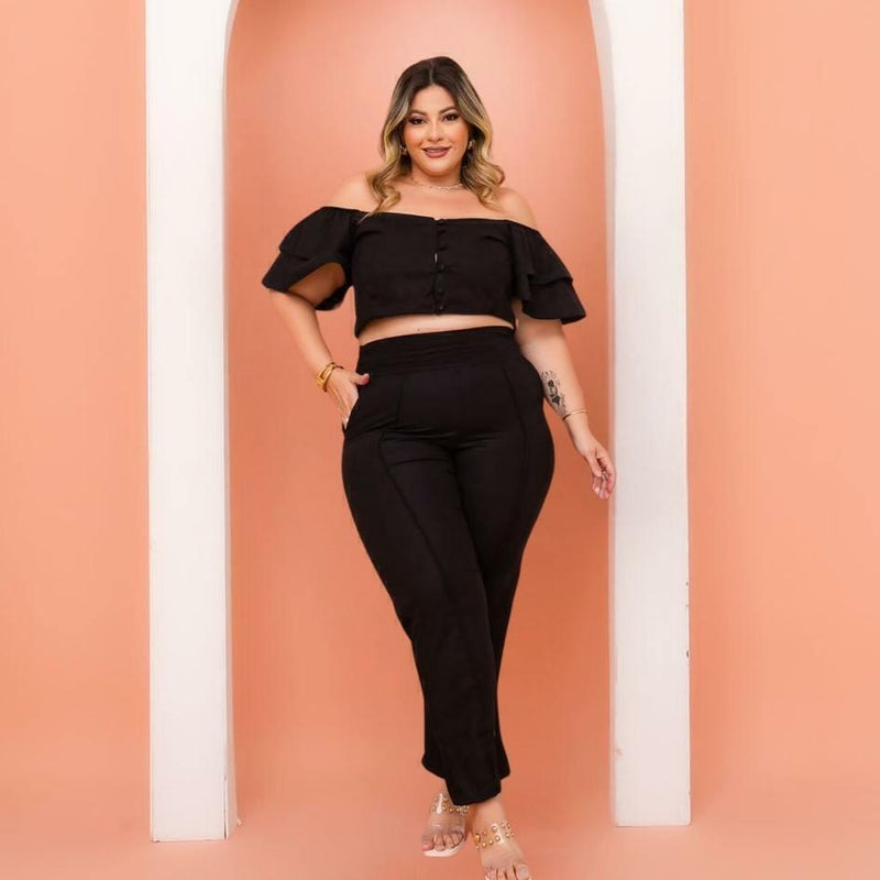 Conjunto Plus Size Feminino Cropped c Botão + Calça 0462