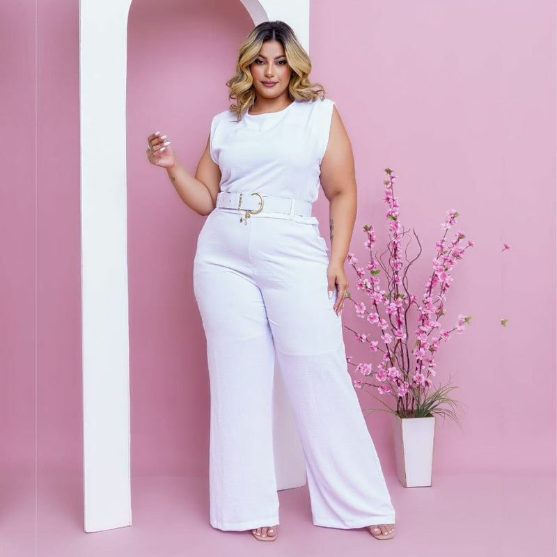 Macacão Plus Size Feminino Longo Pantalona c Cinto Corrente 0330