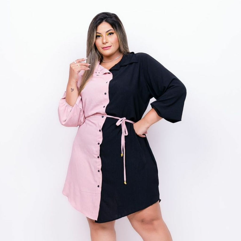 Vestido Chemise Feminino Plus Size Com Botões Bicolor 0234