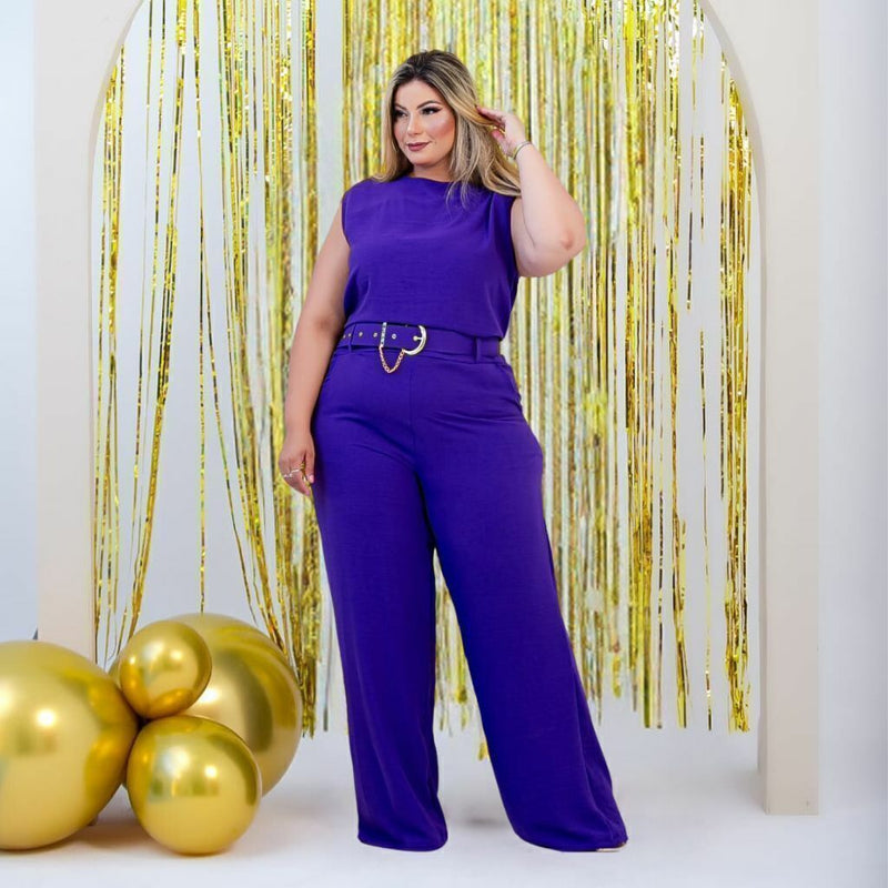 Macacão Plus Size Feminino Longo Pantalona c Cinto Corrente 0330