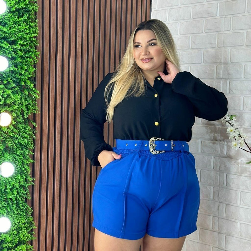 Conjunto Plus Size Feminino Blusa Social e Short com Cinto