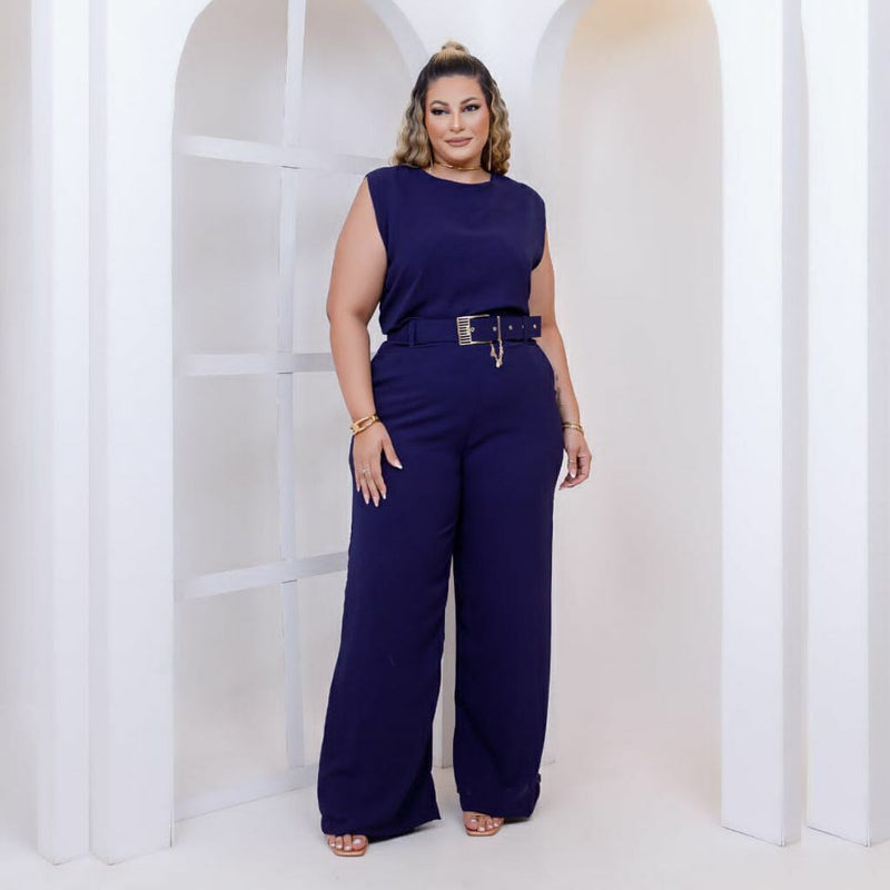 Macacão Plus Size Feminino Longo Pantalona c Cinto Corrente 0330