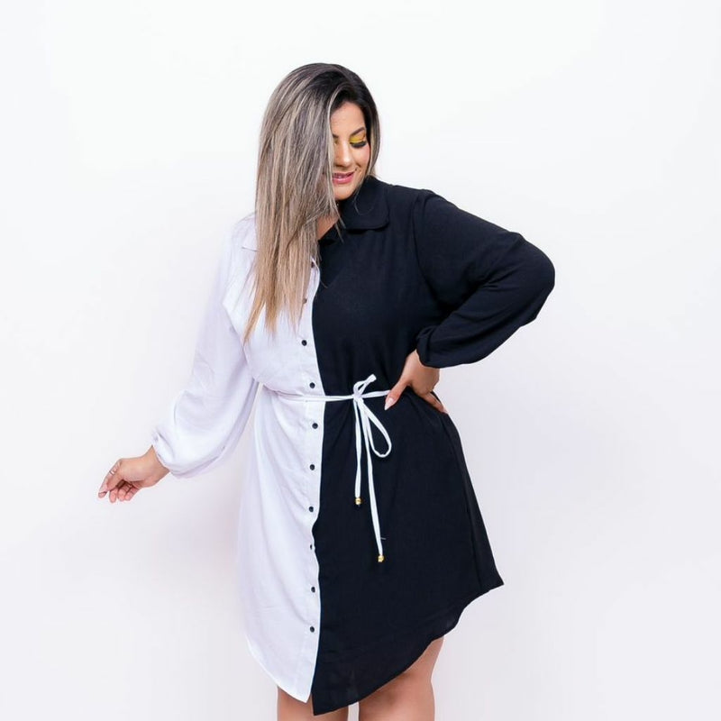 Vestido Chemise Feminino Plus Size Com Botões Bicolor 0234