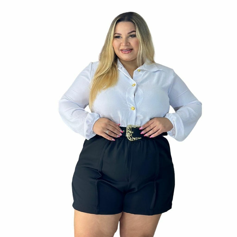 Conjunto Plus Size Feminino Blusa Social e Short com Cinto