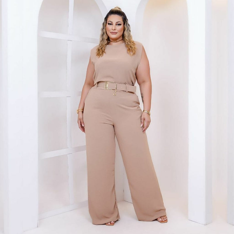 Macacão Plus Size Feminino Longo Pantalona c Cinto Corrente 0330