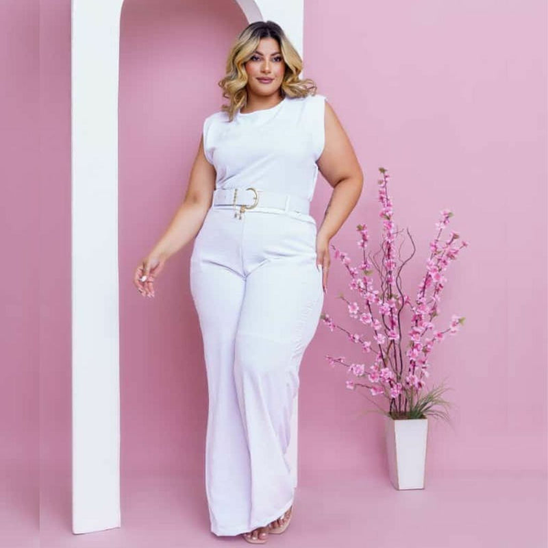 Macacão Plus Size Feminino Longo Pantalona c Cinto Corrente 0330
