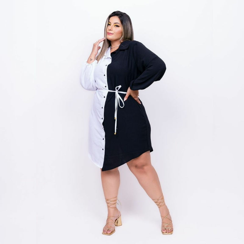 Vestido Chemise Feminino Plus Size Com Botões Bicolor 0234